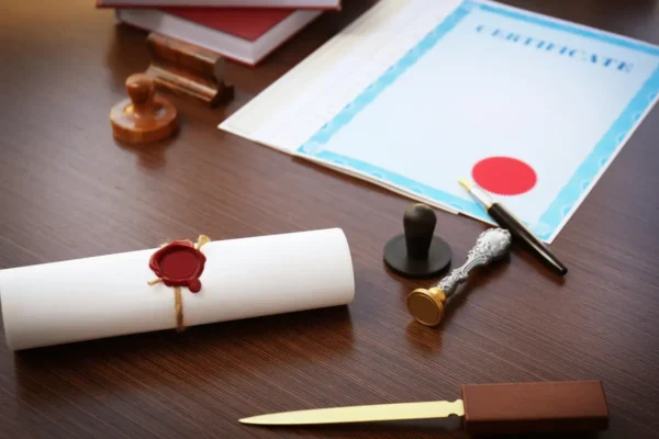 Certificaat met wasrol en houten stempel voor apostille aanvragen