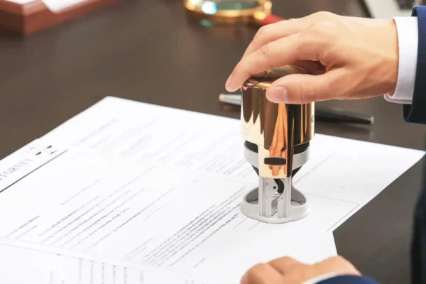 Gouden stempel op juridisch document beëdigde vertaling